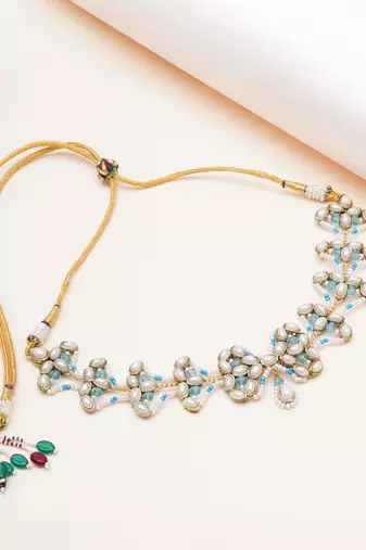 aqua blue alloy necklace with kundan floral work