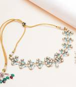 aqua blue alloy necklace with kundan floral work
