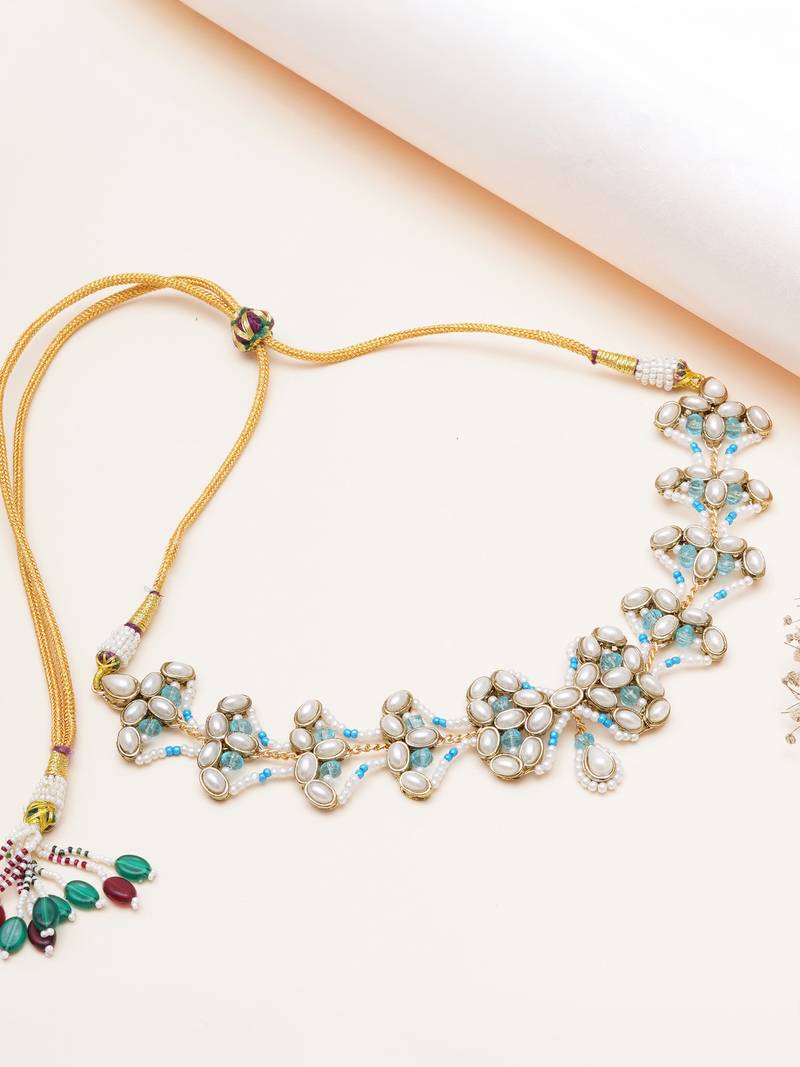 aqua blue alloy necklace with kundan floral work