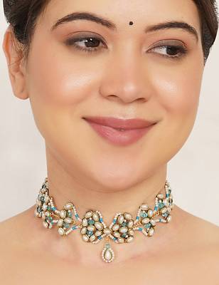 aqua blue alloy necklace with kundan floral work 2