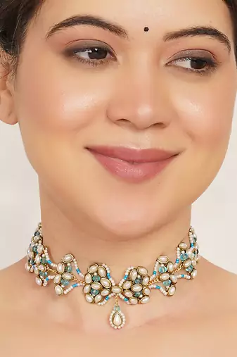 aqua blue alloy necklace with kundan floral work