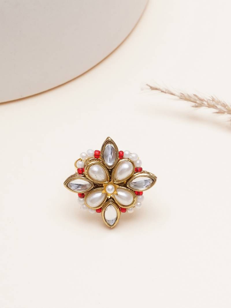 gold alloy ring with kundan pearl floral work