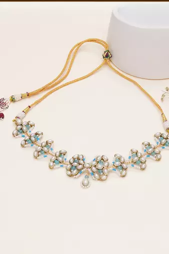 aqua blue alloy necklace with kundan floral work