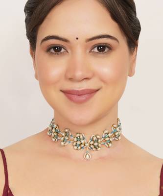 aqua blue alloy necklace with kundan floral work 4
