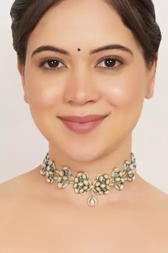 aqua blue alloy necklace with kundan floral work