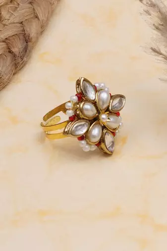 gold alloy ring with kundan pearl floral work