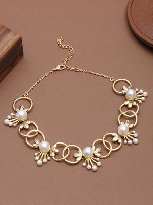 gold alloy necklace with pearl floral link design 1