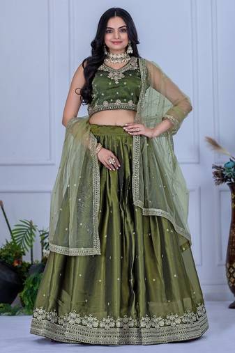 Mehandi Green Color Embroidery With Zari Thread & Sequence Work   Silk Lehenga Choli Set