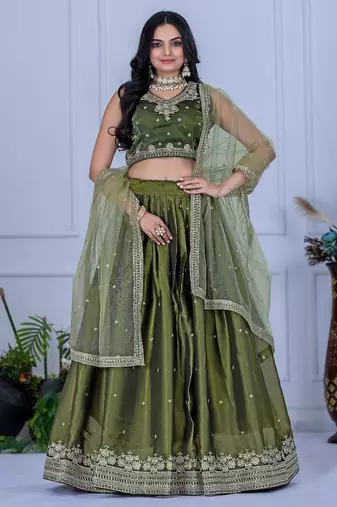 Mehandi Green Color Embroidery With Zari Thread & Sequence Work   Silk Lehenga Choli Set