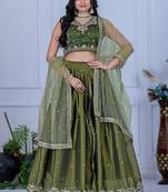 Mehandi Green Color Embroidery With Zari Thread & Sequence Work   Silk Lehenga Choli Set