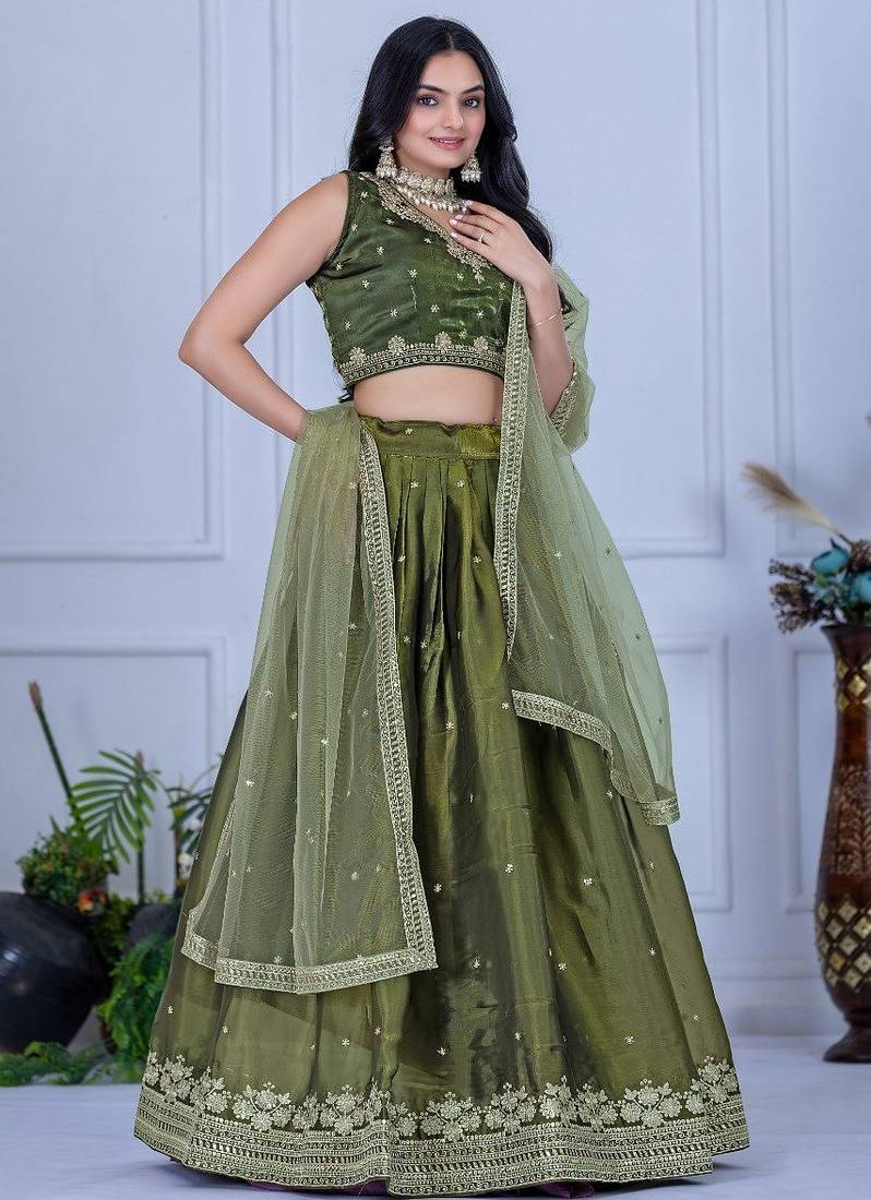Mehandi Green Color Embroidery With Zari Thread & Sequence Work   Silk Lehenga Choli Set