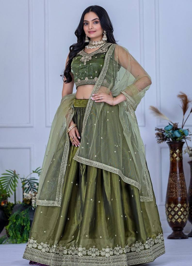 Mehandi Green Color Embroidery With Zari Thread & Sequence Work   Silk Lehenga Choli Set