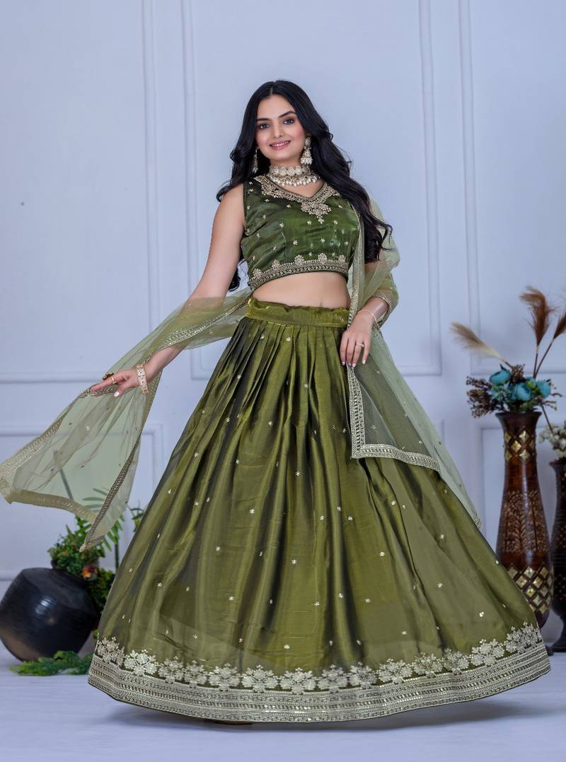 Mehandi Green Color Embroidery With Zari Thread & Sequence Work   Silk Lehenga Choli Set