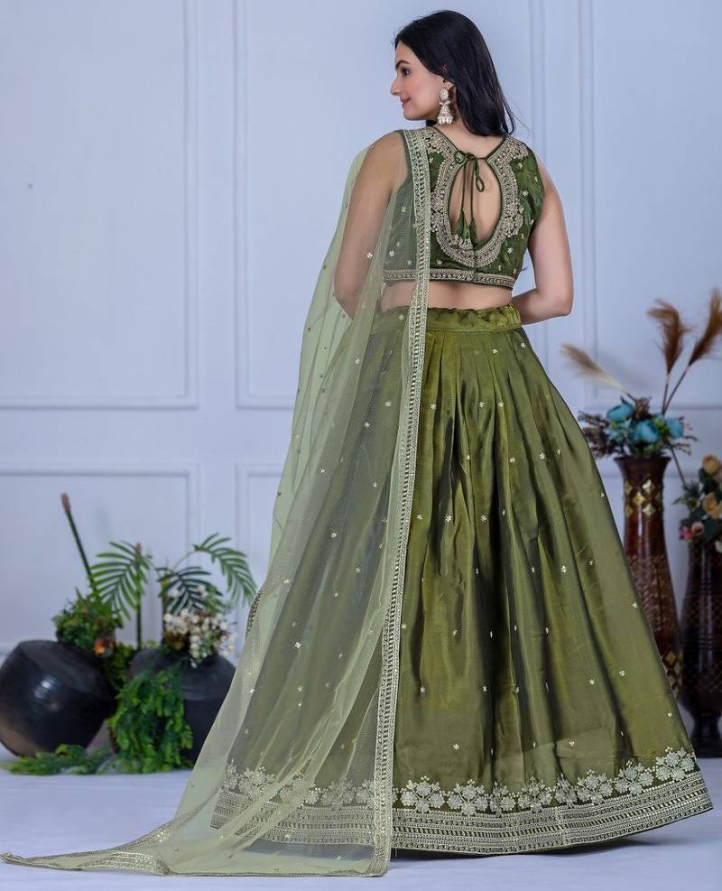 Mehandi Green Color Embroidery With Zari Thread & Sequence Work   Silk Lehenga Choli Set