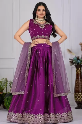 Wine Color Embroidery With Zari Thread & Sequence Work   Silk Lehenga Choli Set