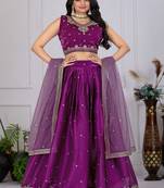 Wine Color Embroidery With Zari Thread & Sequence Work   Silk Lehenga Choli Set