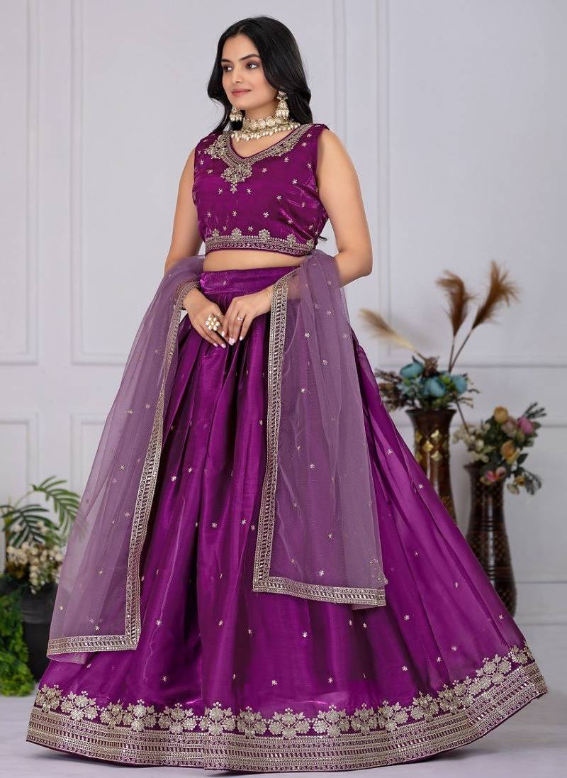 Wine Color Embroidery With Zari Thread & Sequence Work   Silk Lehenga Choli Set