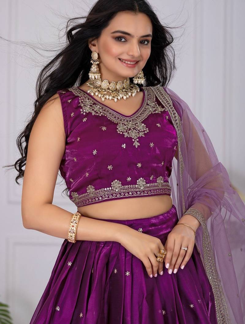 Wine Color Embroidery With Zari Thread & Sequence Work   Silk Lehenga Choli Set