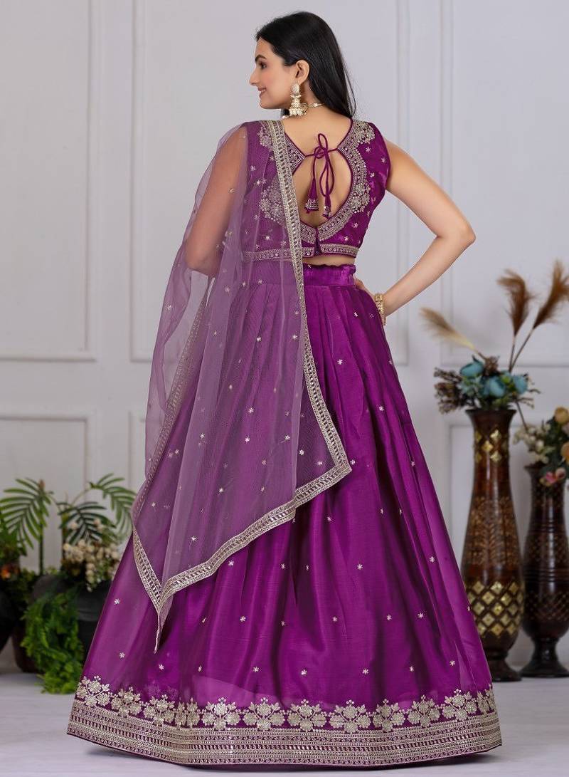 Wine Color Embroidery With Zari Thread & Sequence Work   Silk Lehenga Choli Set