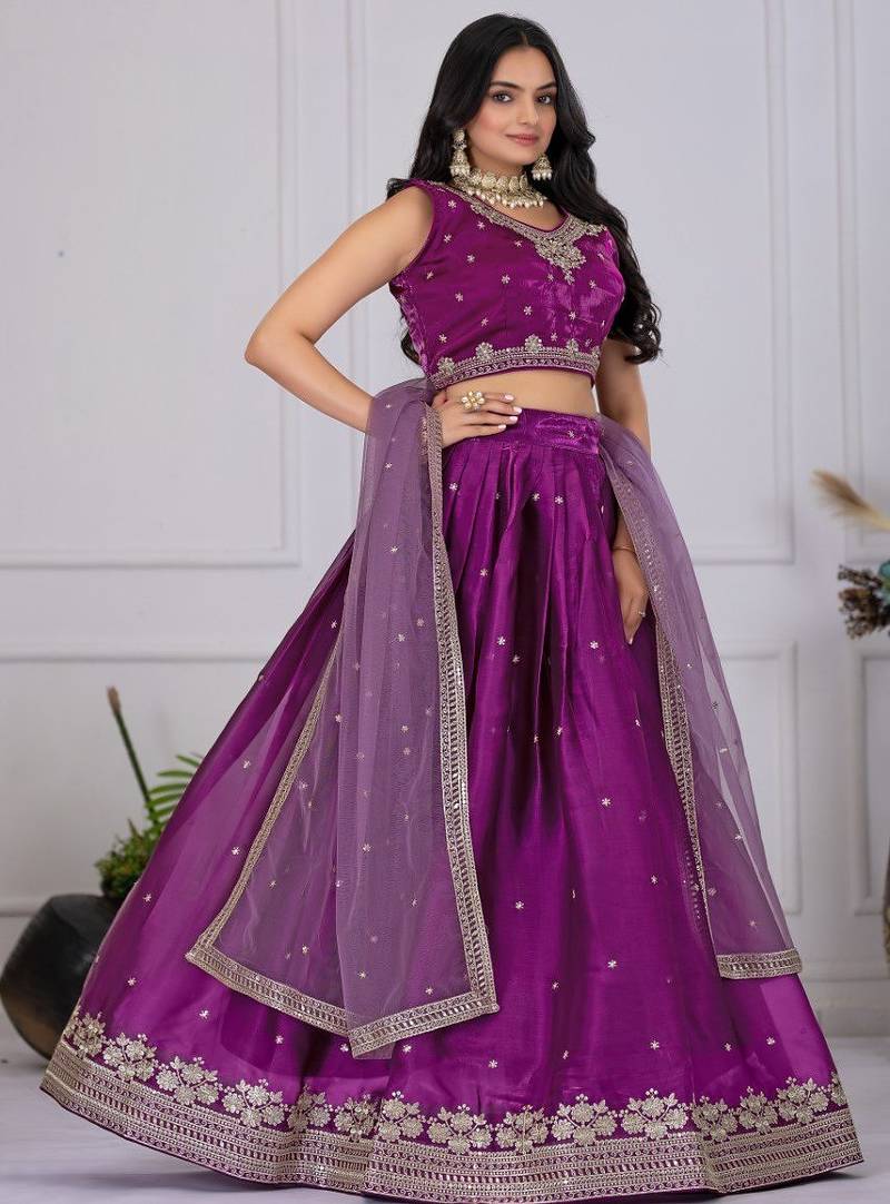 Wine Color Embroidery With Zari Thread & Sequence Work   Silk Lehenga Choli Set