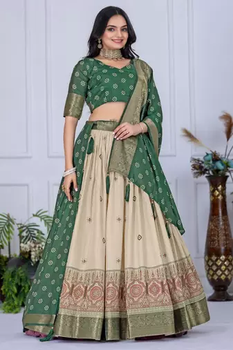 Green Color acquard With Jari Lining With Print Work Silk Lhenga Choli Set