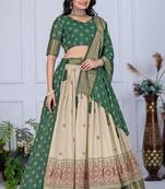 Green Color acquard With Jari Lining With Print Work Silk Lhenga Choli Set