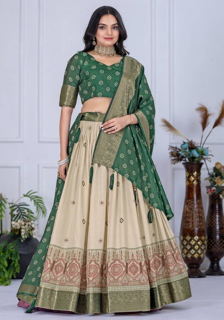 Green Color acquard With Jari Lining With Print Work Silk Lhenga Choli Set