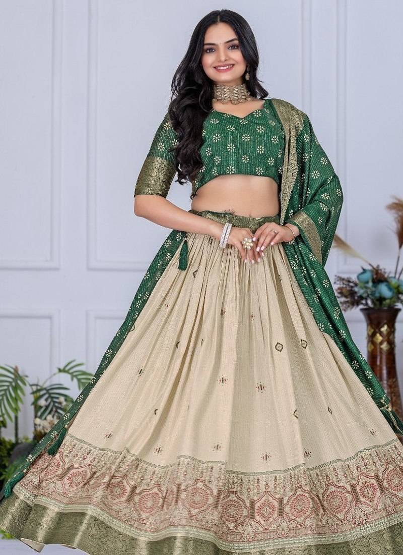 Green Color acquard With Jari Lining With Print Work Silk Lhenga Choli Set