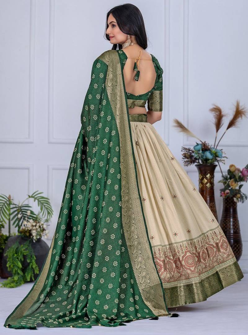 Green Color acquard With Jari Lining With Print Work Silk Lhenga Choli Set