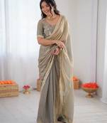 Women light grey golden shaded fendy silk ready to wear saree