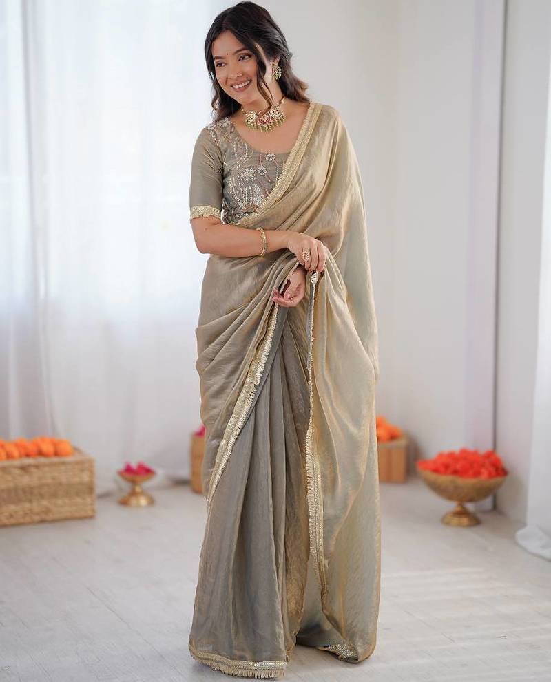 Women light grey golden shaded fendy silk ready to wear saree