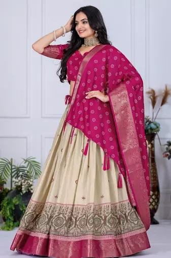 Rani Pink Color acquard With Jari Lining With Print Work Silk Lhenga Choli Set