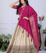 Rani Pink Color acquard With Jari Lining With Print Work Silk Lhenga Choli Set