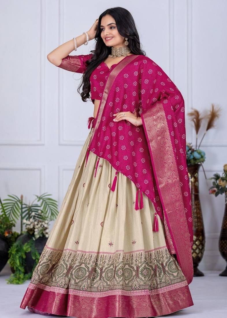 Rani Pink Color acquard With Jari Lining With Print Work Silk Lhenga Choli Set