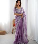 Women lavender thread sequence organza silk party wear saree