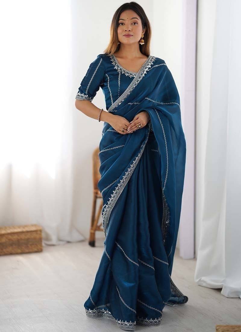 Women rama thread sequence organza silk party wear saree