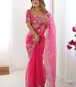 Women pink thread sequence organza silk party wear saree