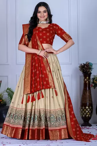 Red Color acquard With Jari Lining With Print Work Silk Lhenga Choli Set