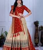 Red Color acquard With Jari Lining With Print Work Silk Lhenga Choli Set