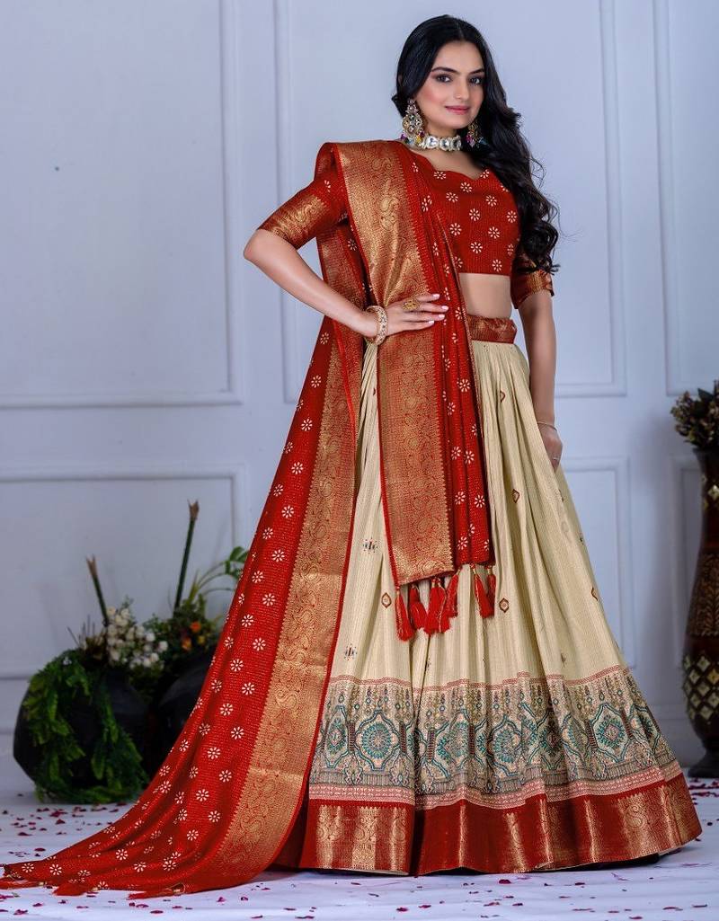 Red Color acquard With Jari Lining With Print Work Silk Lhenga Choli Set