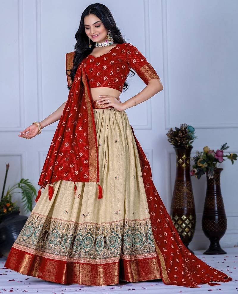 Red Color acquard With Jari Lining With Print Work Silk Lhenga Choli Set