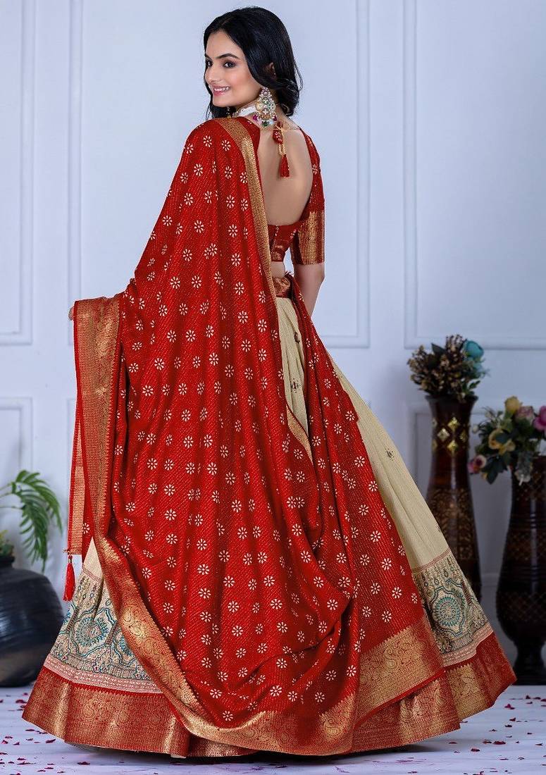 Red Color acquard With Jari Lining With Print Work Silk Lhenga Choli Set