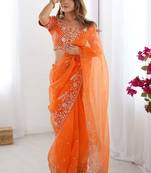 Women orange thread sequence organza silk party wear saree