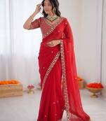 Women red sequence beds work organza silk party wear saree