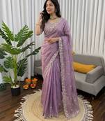 Women lavender  sequence beds work organza silk party wear saree