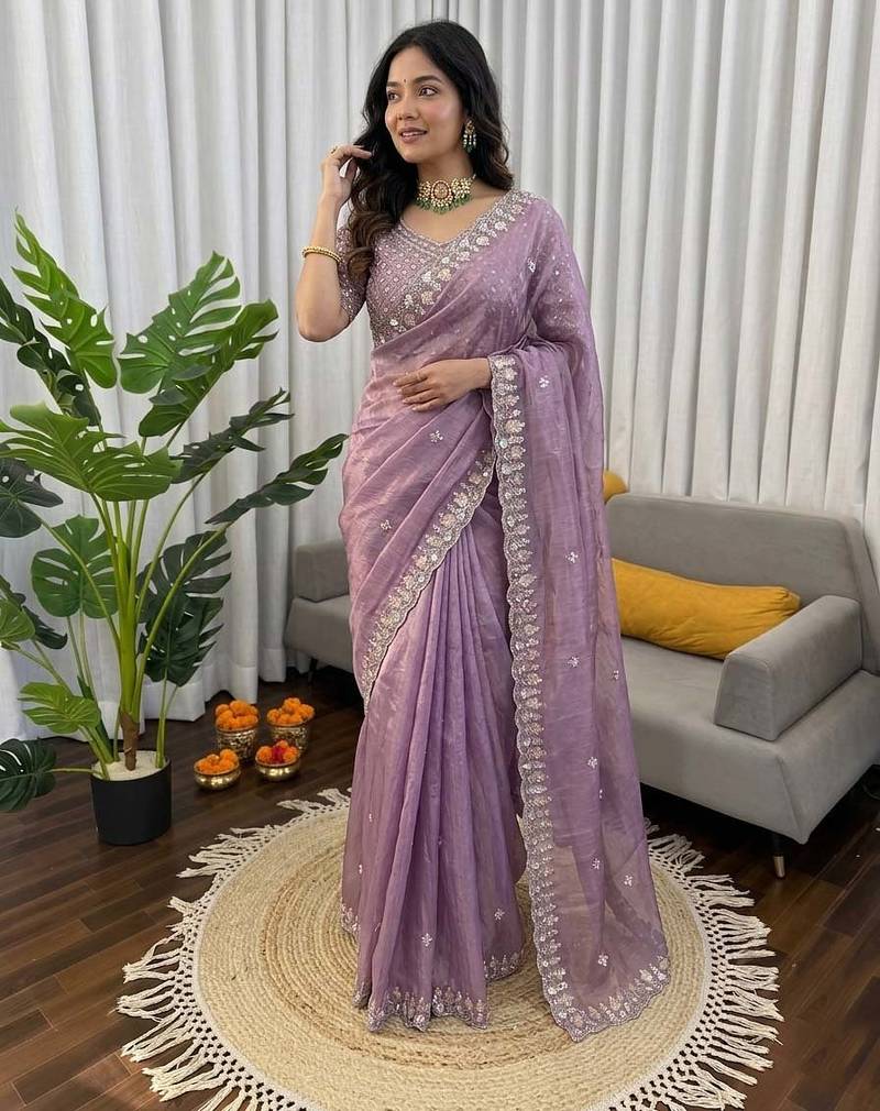 Women lavender  sequence beds work organza silk party wear saree