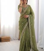 Women mehendi sequence beds work organza silk party wear saree