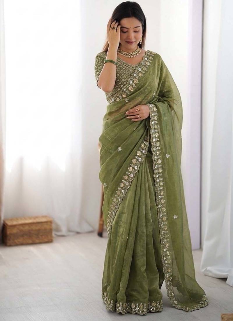 Women mehendi sequence beds work organza silk party wear saree