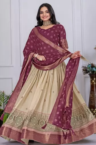 Wine Color acquard With Jari Lining With Print Work Silk Lhenga Choli Set