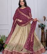 Wine Color acquard With Jari Lining With Print Work Silk Lhenga Choli Set
